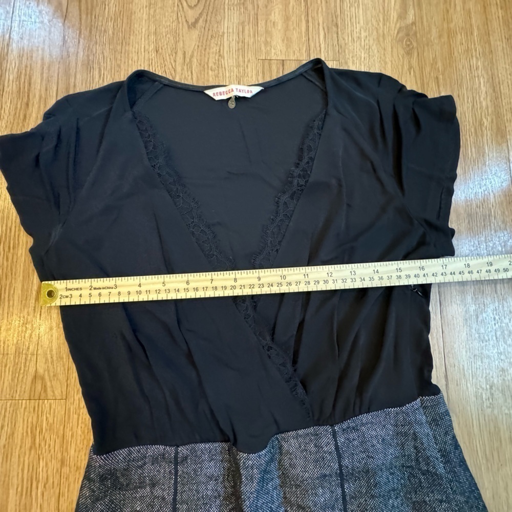 Rebecca Taylor Sz 10 Black Gray Lace Dress Linen Blend V-neck career - Picture 7 of 11